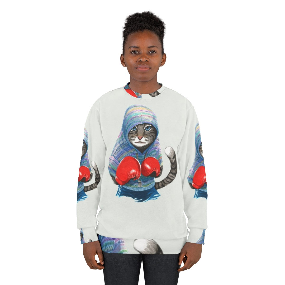 Boxing cat silhouette graphic on blue sweatshirt - women