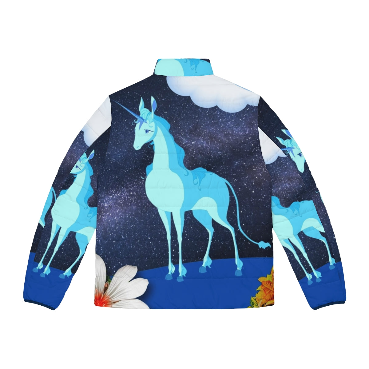 The Last Unicorn Lunar Landscape Puffer Jacket featuring a nostalgic 80s fantasy illustration of the unicorn character. - Back