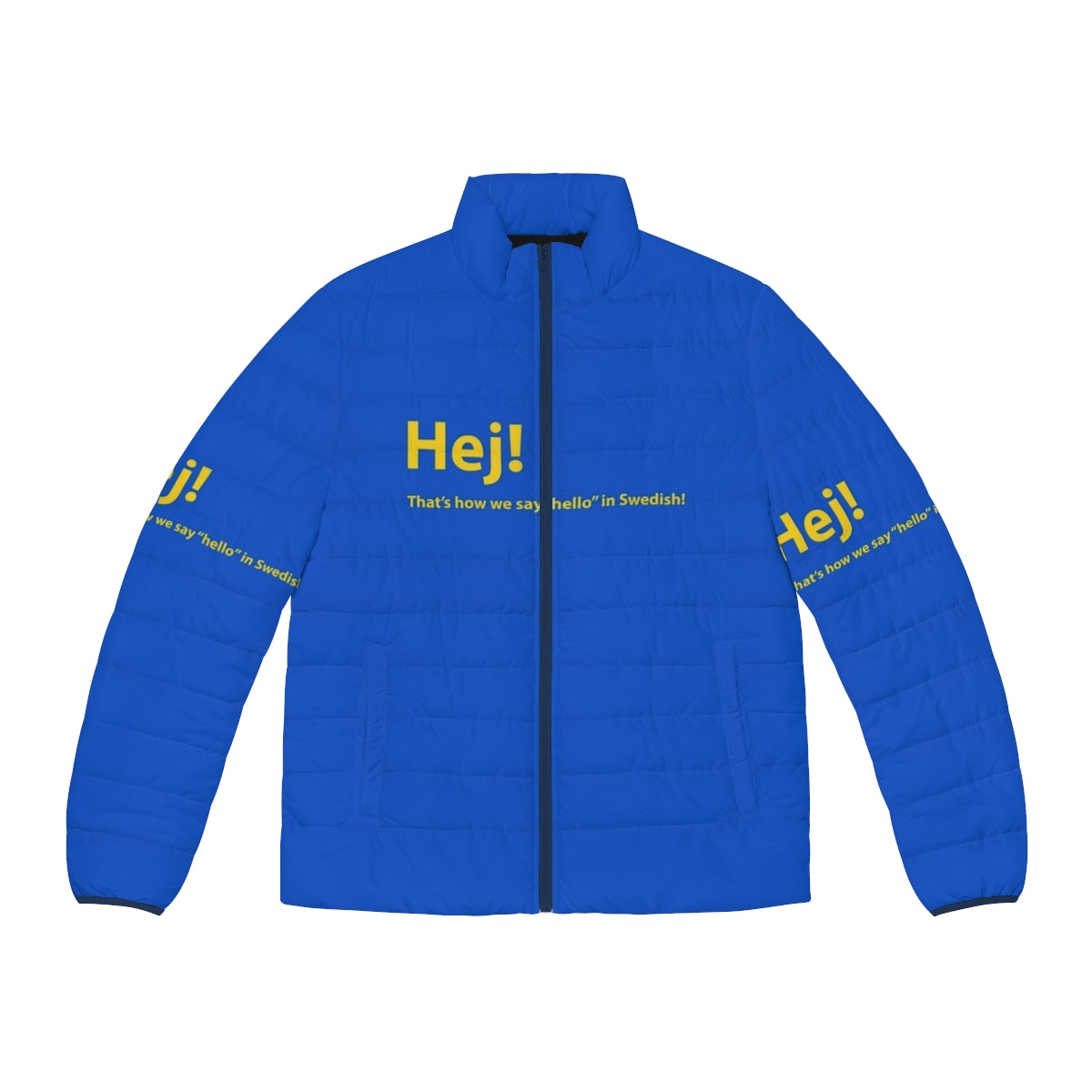 Person wearing a blue and yellow puffer jacket with the Swedish word "Hej" (hello) printed on it