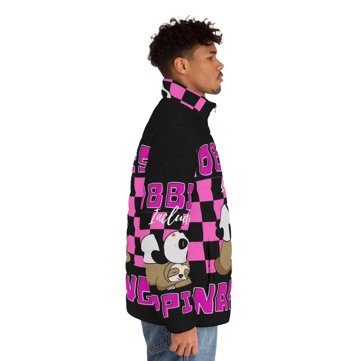 Cozy puffer jacket with "Hobbies Include Napping" design - men side right