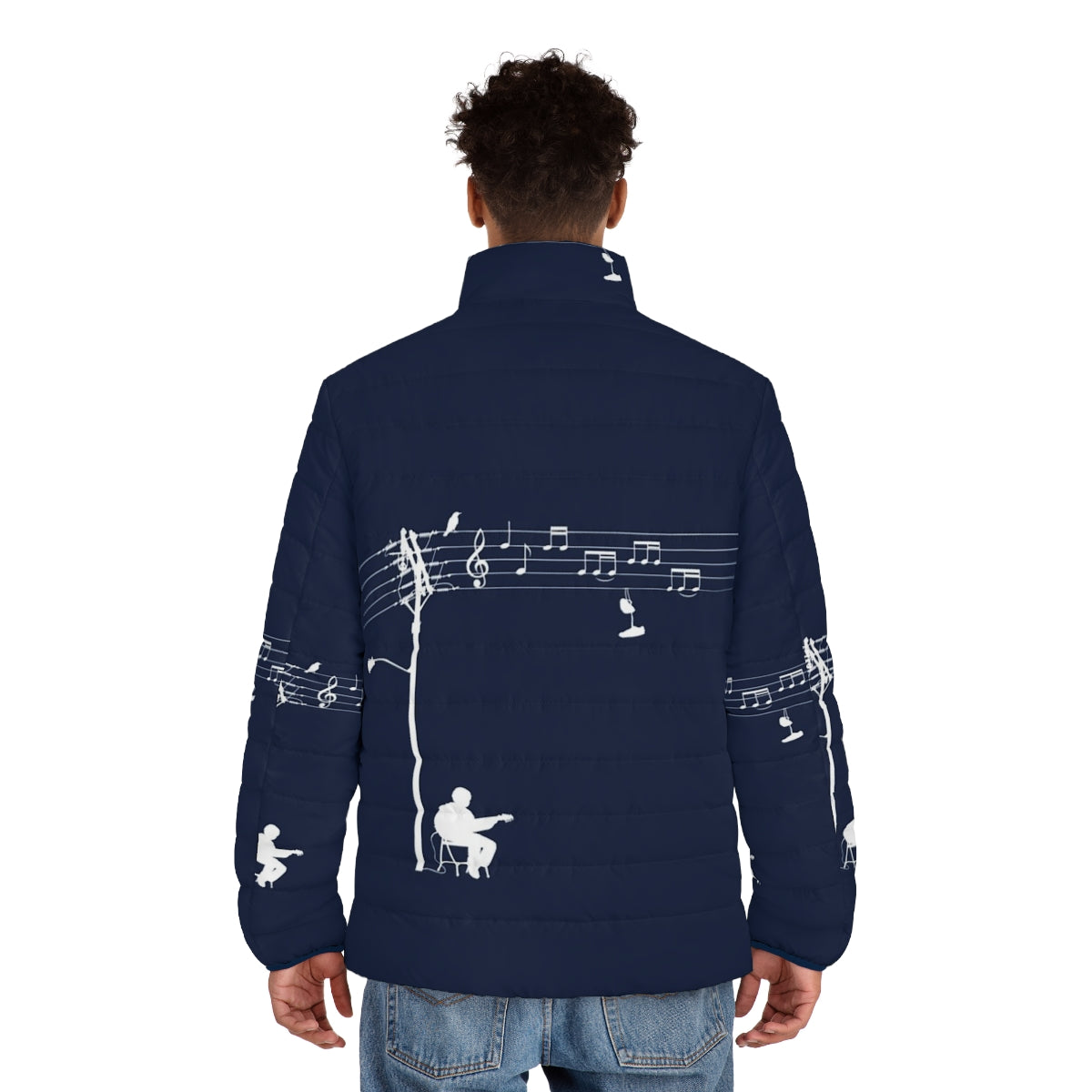 White puffer jacket with music-inspired vector art design - men back