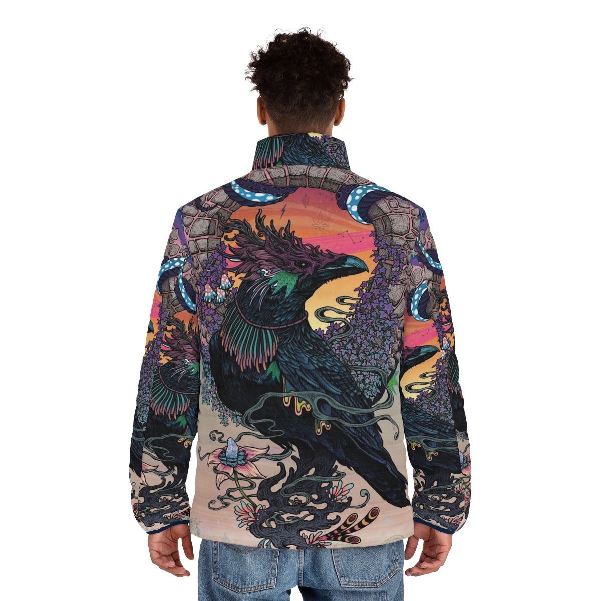 Puffer jacket featuring a mystical, psychedelic design of a raven or crow bird and cannabis leaves - men back