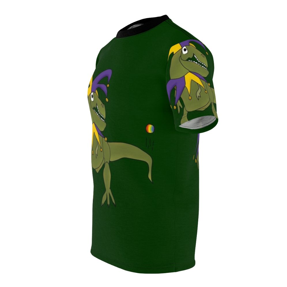 T-Rex wearing a jester costume on a whimsical t-shirt design - men left