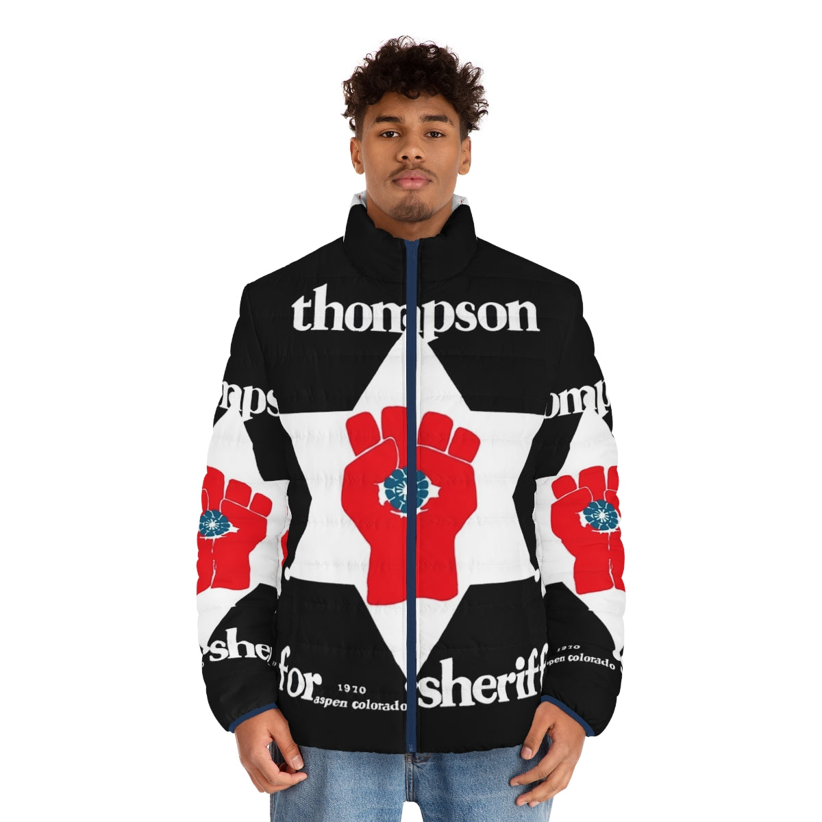 Hunter S Thompson Sheriff Puffer Jacket featuring psychedelic graphics - men front