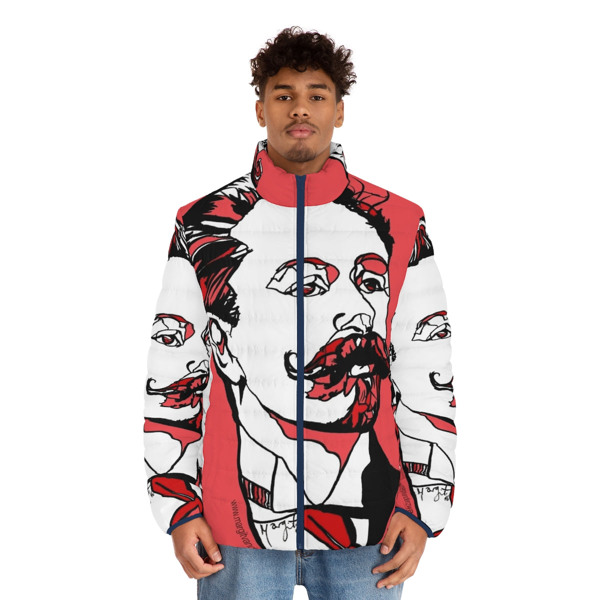 Scriabin Russian Composer Puffer Jacket featuring a portrait of the renowned classical musician - men front