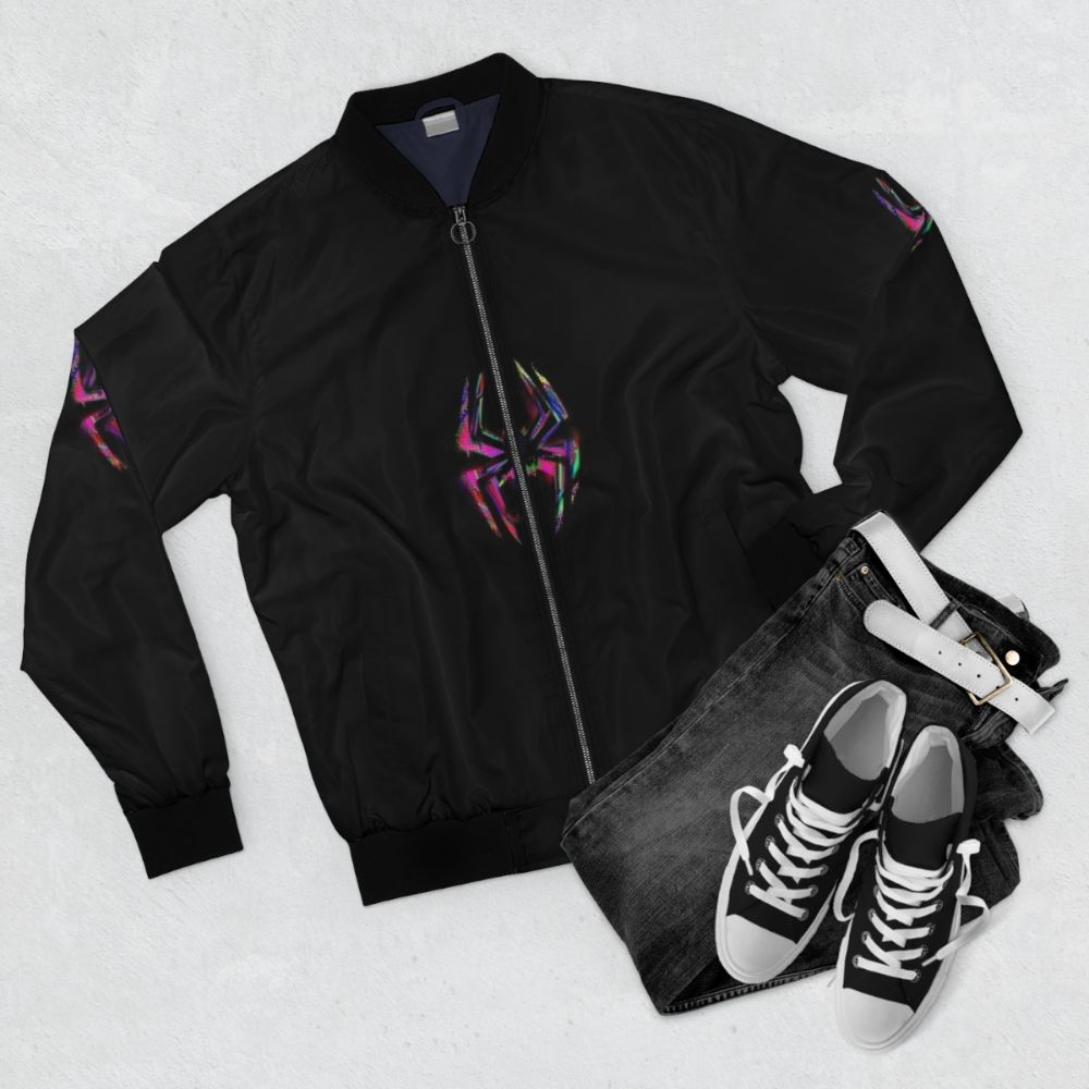 Spider-Man: Across The Spider-Verse bomber jacket with the movie's logo - Flat lay