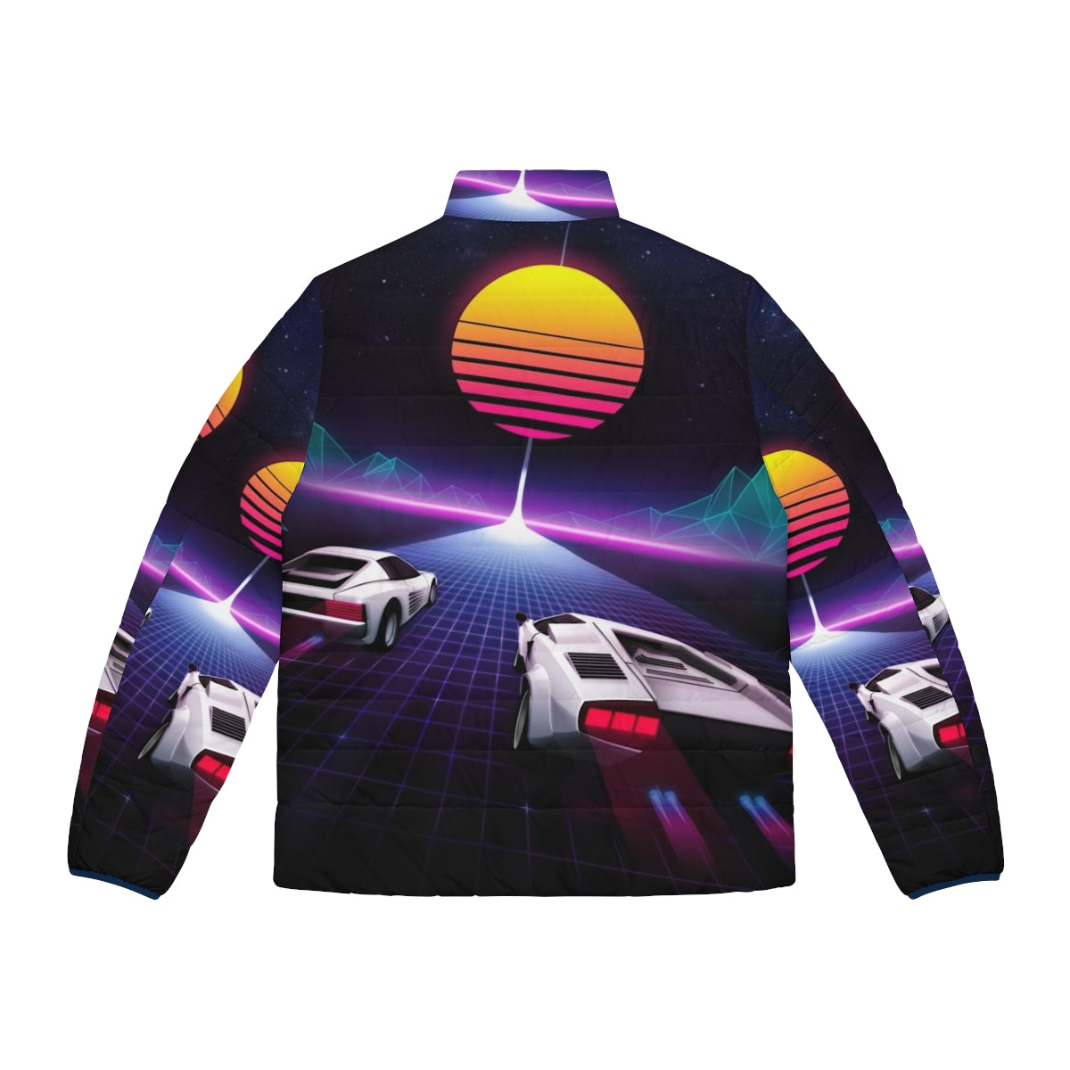 Neon Puffer Jacket with Cosmic Sky and Race Car Inspired Design - Back