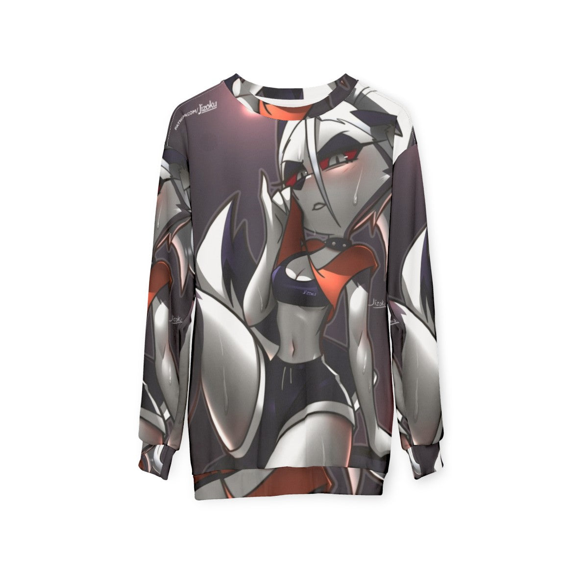 Strong Sweatshirt with Loona, Jizoku, and Helluvaboss graphics - hanging