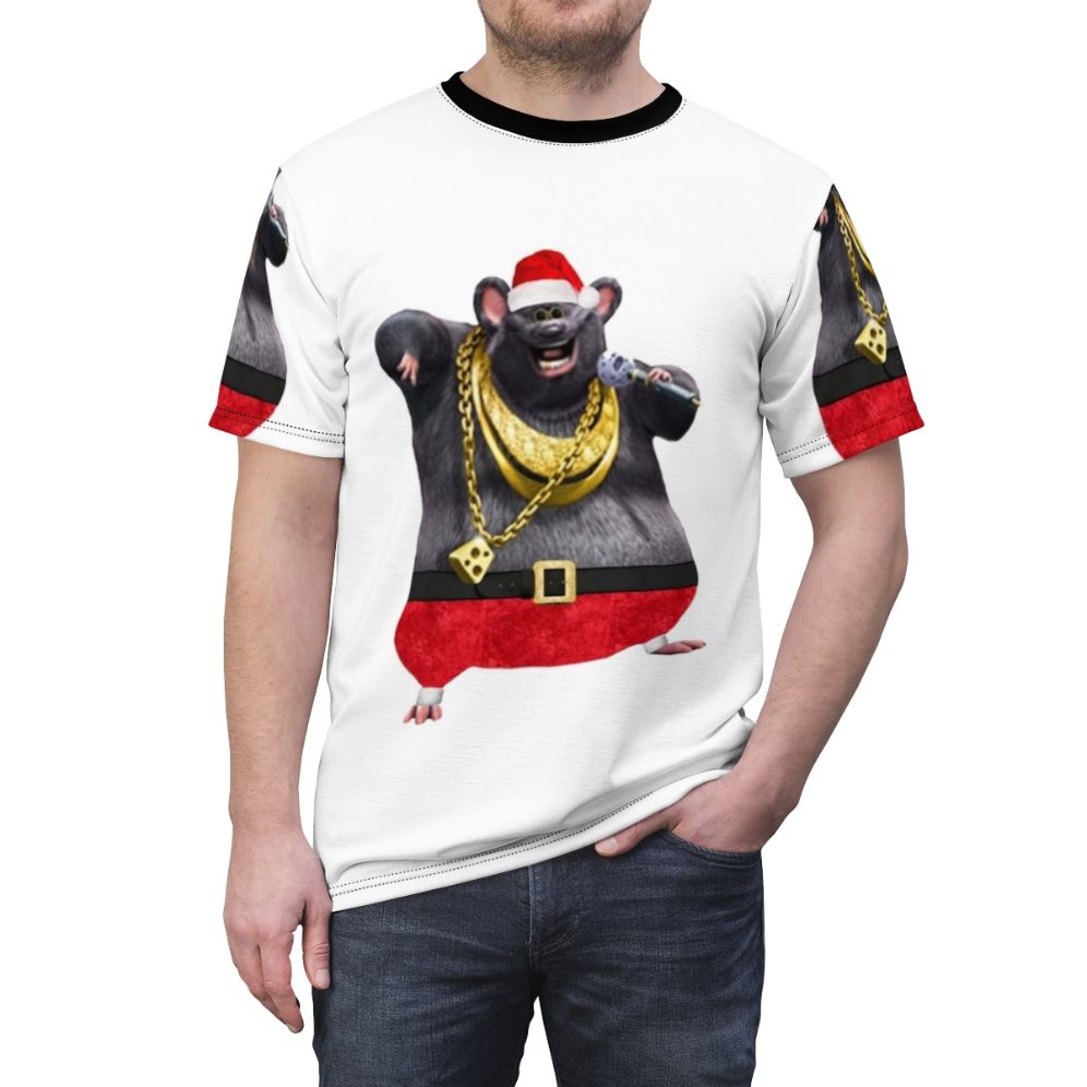 Whimsical illustration of Biggie Cheese character in a Christmas-themed design on a t-shirt - men front