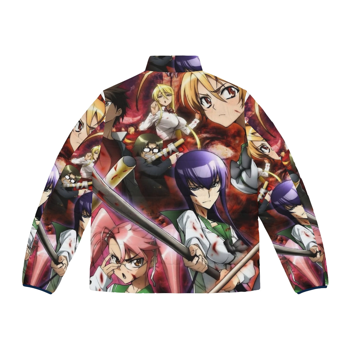 High School Of The Dead 3 Anime Puffer Jacket with characters Takashi Komuro, Saeko Busujima, Kouta Hirano, Rei Miyamoto, Saya Takagi, Shizuka Marikawa, and Alice Maresato - Back