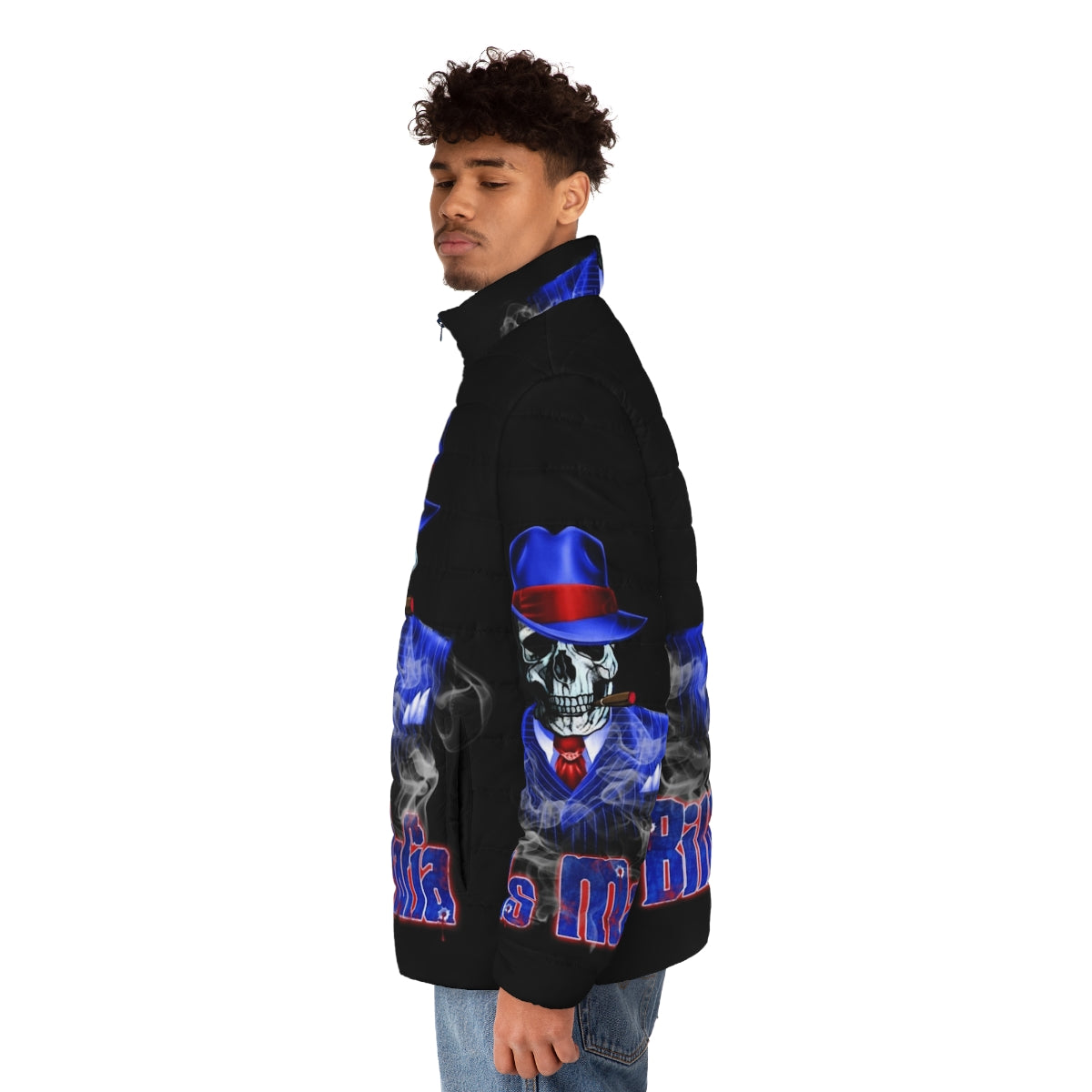 Bills Mafia Puffer Jacket featuring a bold skeleton and skull design - men side left