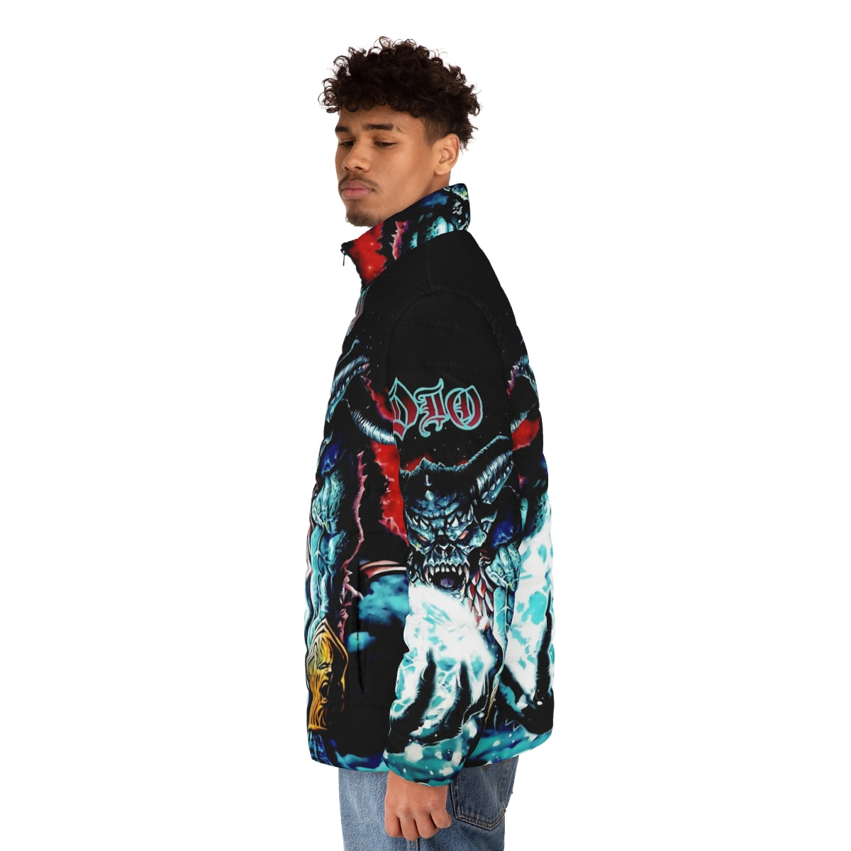 A puffer jacket featuring a metalhead design with a moon and demonic elements - men side left