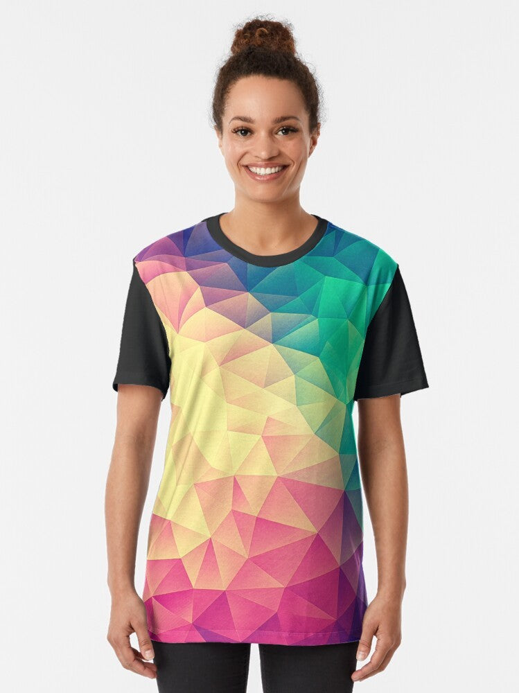 Colorful abstract polygon cubism low poly triangle design graphic t-shirt - Women