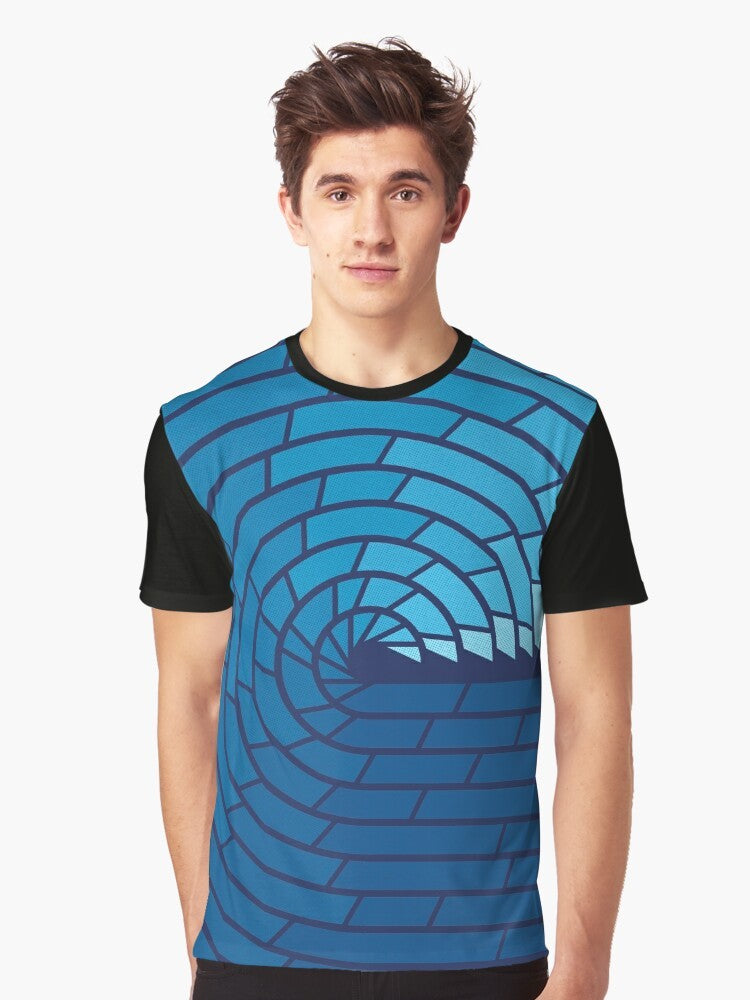 Minimalist ocean graphic design t-shirt featuring a geometric wave pattern in blue and white tones. - Men