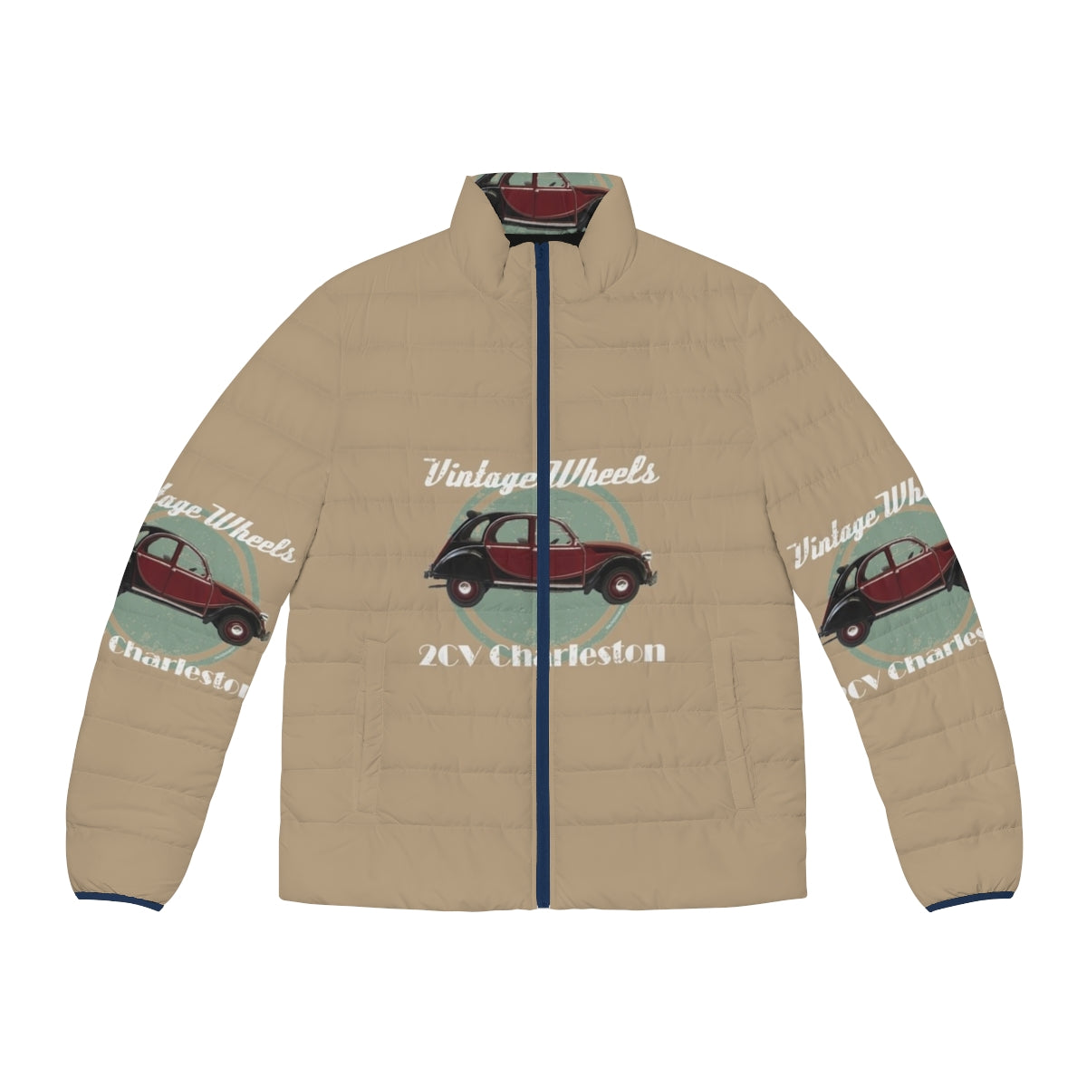 Vintage Duesenberg SJ Roadster Puffer Jacket featuring a classic 1930s American sports car design