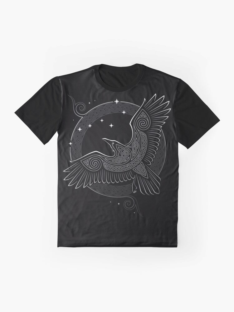 Northern raven graphic t-shirt with mythical Scandinavian raven design - Flat lay