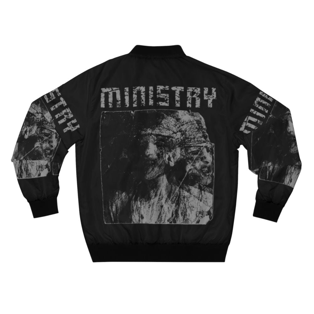 Ministry industrial metal bomber jacket featuring graphic designs and industrial-inspired details. - Back