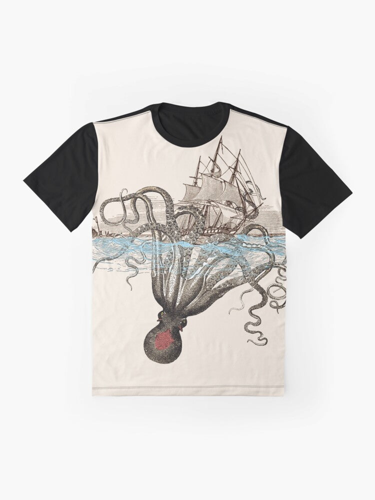 Graphic t-shirt featuring a kraken, a mythological sea monster, with Viking-inspired design - Flat lay