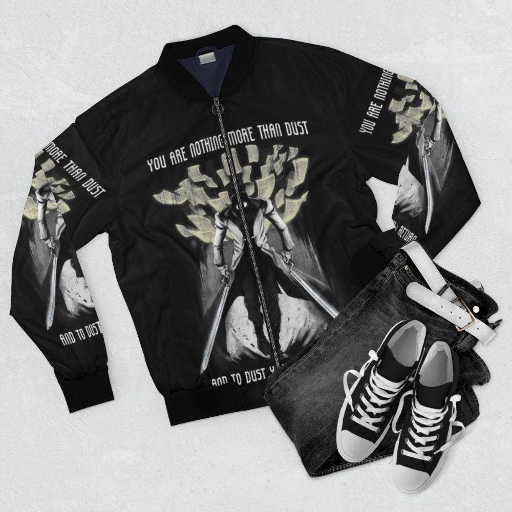 Hellsing Alucard bomber jacket with quote "You Are Nothing But Dust and To Dust You Will Return" - Flat lay