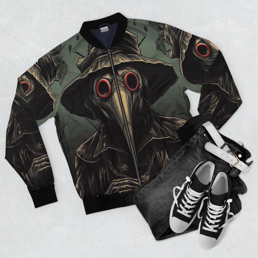 Plague doctor bomber jacket with black plague and horror design - Flat lay