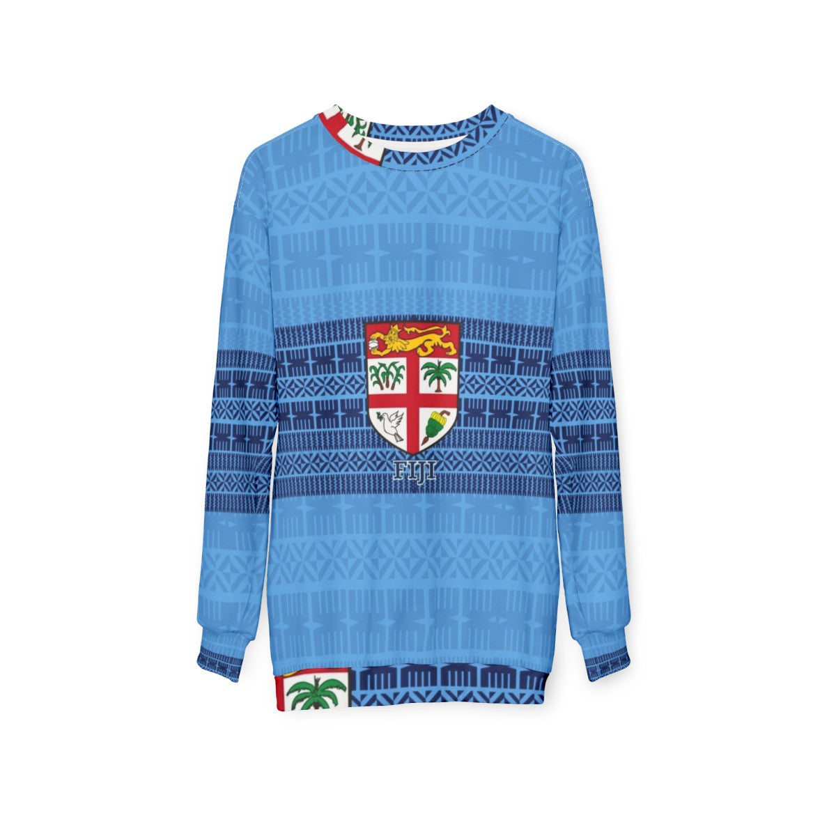 Blue Fiji Flag Masi Tapa Sweatshirt with Tribal and Polynesian Design - hanging