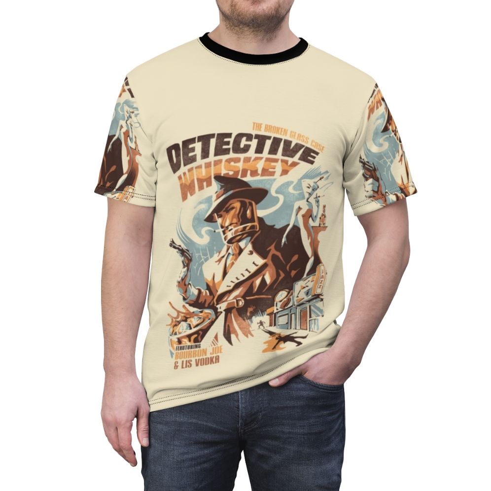 Vintage style t-shirt with detective and whiskey graphic - men front