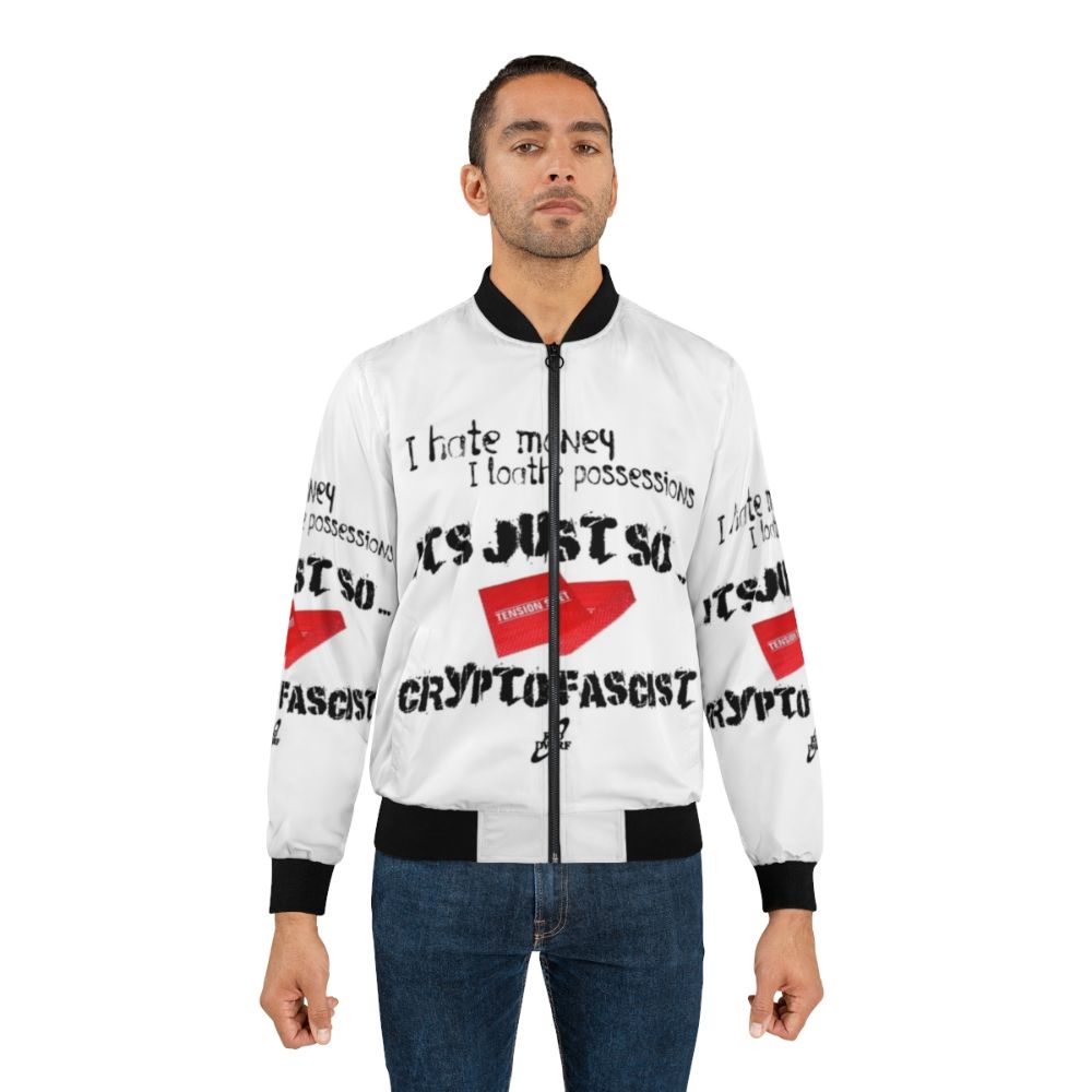 Anti-Establishment Crypto Fascist Bomber Jacket with Red Dwarf and Sci-Fi Inspired Graphics - Lifestyle