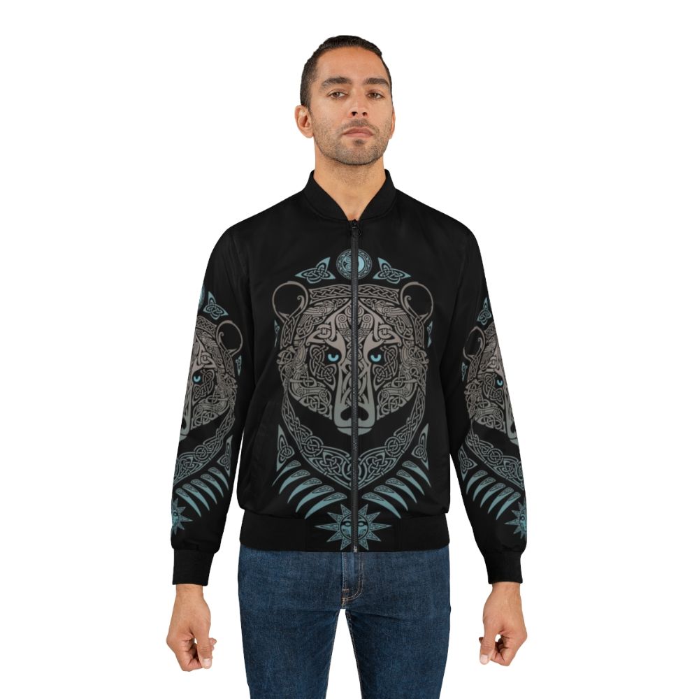 Forest Lord Scandinavian Mythology Bomber Jacket featuring Nordic symbols, bear, and night sky imagery - Lifestyle