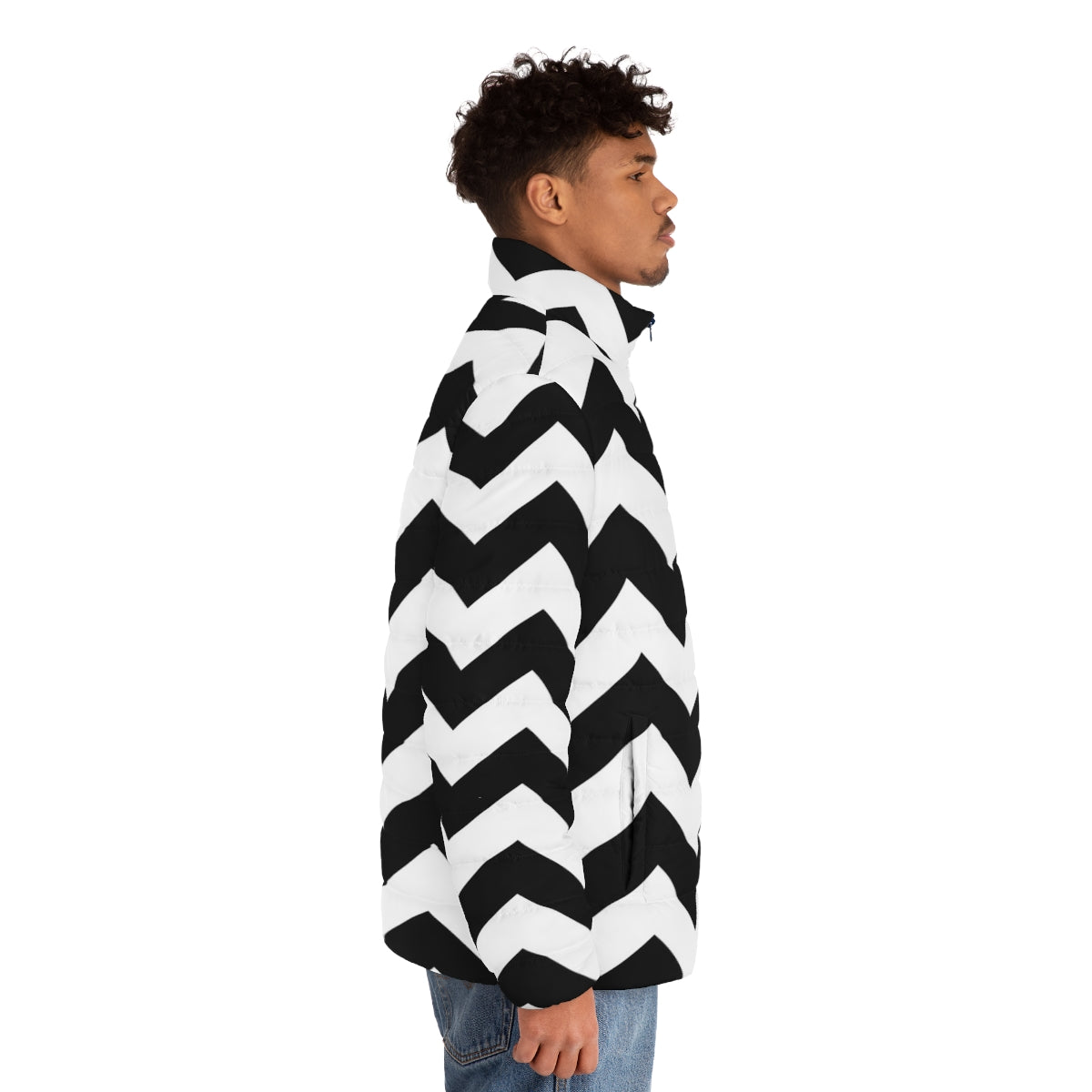 Black and white zig zag puffer jacket with a modern, geometric pattern - men side right