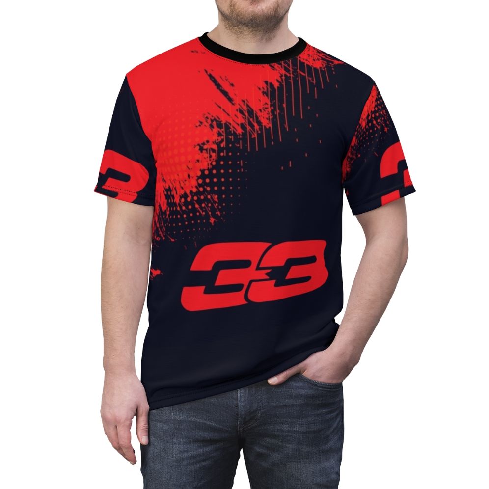 Formula 1 inspired t-shirt featuring Max Verstappen's race car number 33 - men front