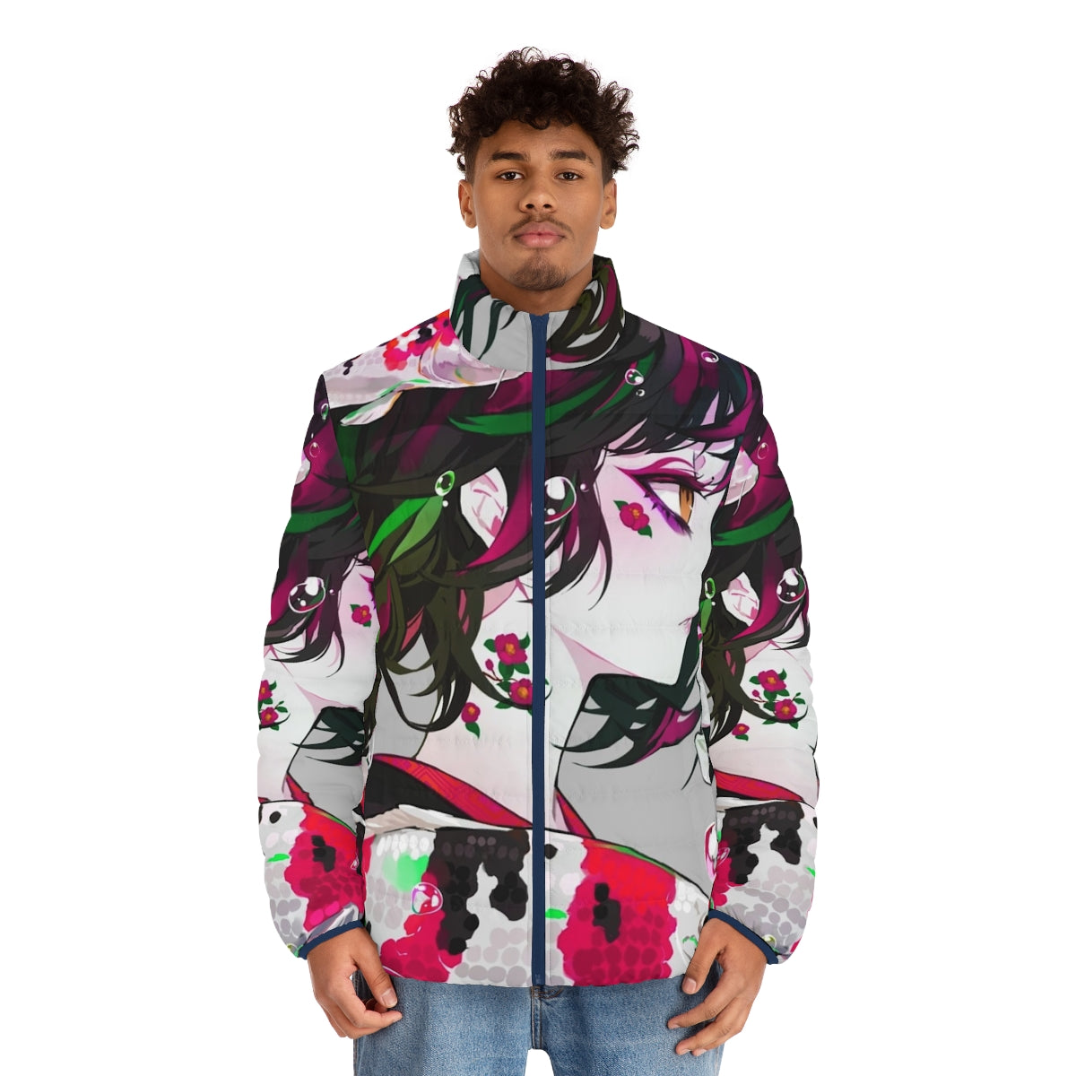 Vivid and colorful puffer jacket with a koi fish design, perfect for anime and Japanese fashion enthusiasts. - men front