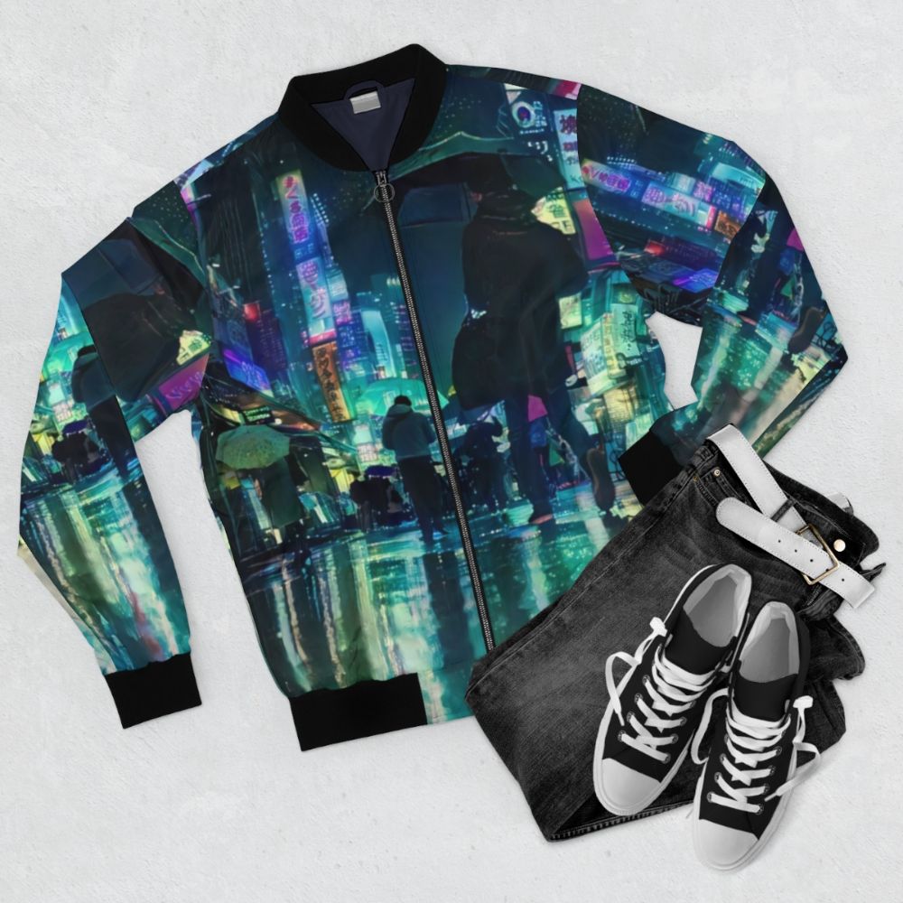 Cyberpunk-inspired bomber jacket featuring a rainy cityscape of Tokyo at night with neon lights, skyscrapers, and a dystopian, vaporwave-esque atmosphere. - Flat lay