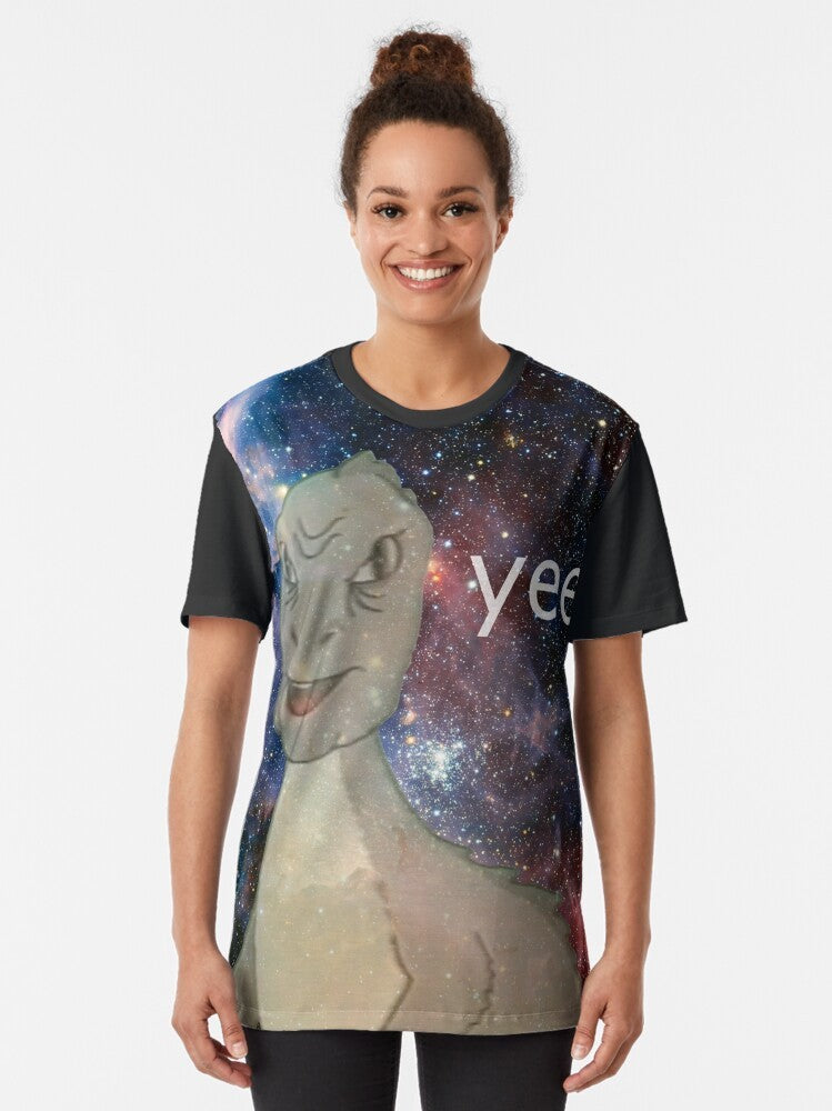 Vintage-style graphic t-shirt featuring a cosmic t-rex dinosaur meme design - Women