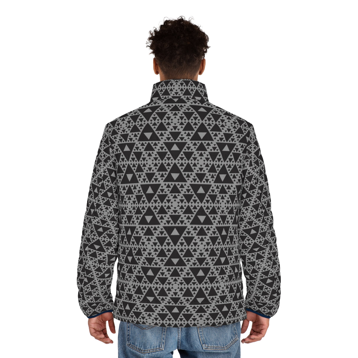 A dark puffer jacket featuring a repeating triangular mocap pattern inspired by Sierpinski's triangle - men back