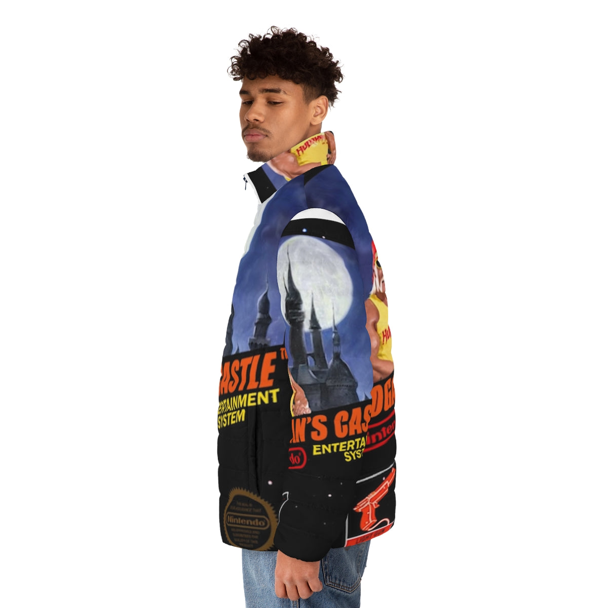 Hogans Castle Puffer Jacket featuring videogame dunkey and beeg beeg yoshi - men side left