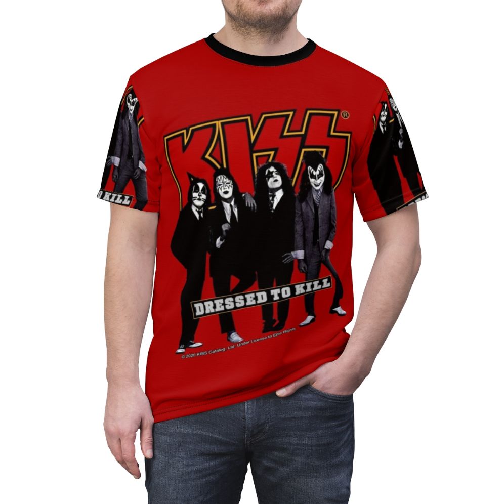 Red and black all over pattern t-shirt featuring a tribute design to the classic rock band KISS - men front