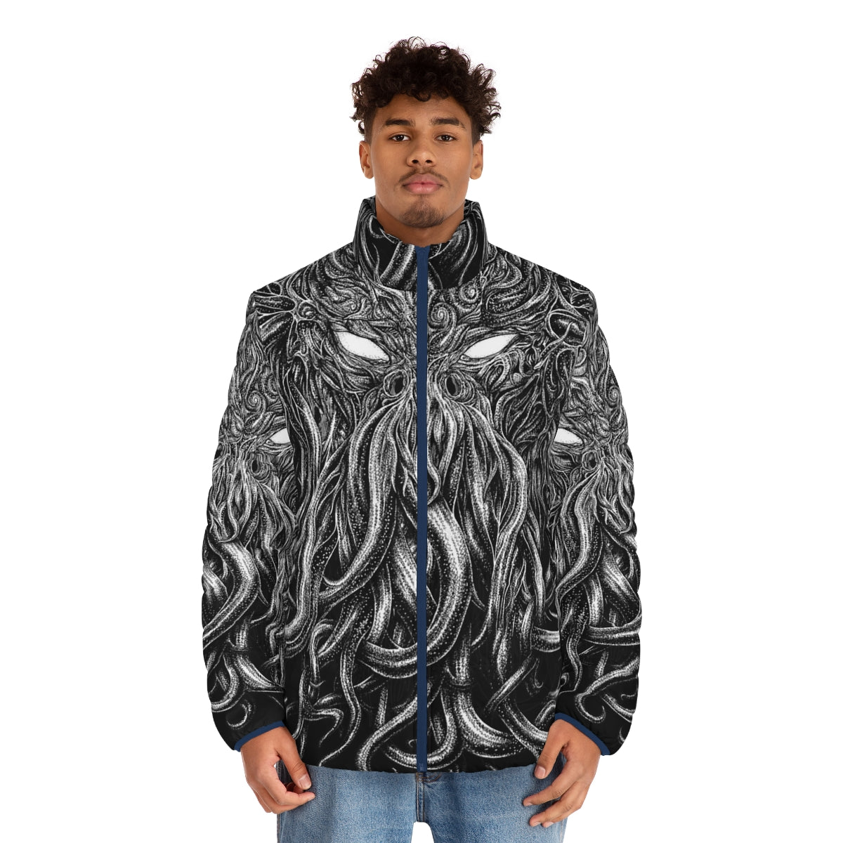 A black puffer jacket with a Lovecraft-inspired design, featuring tentacles and the Cthulhu mythos. - men front