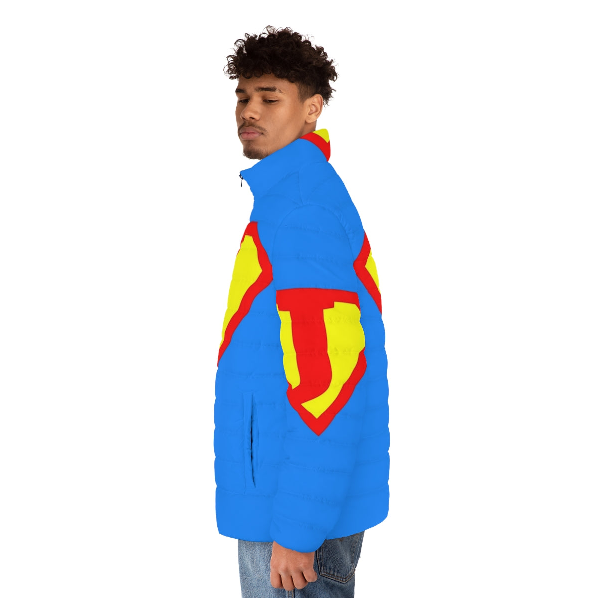 Super Letter A-Z Puffer Jacket featuring comic book-inspired superhero designs - men side left