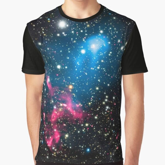 Graphic t-shirt with a design depicting galaxies colliding in space