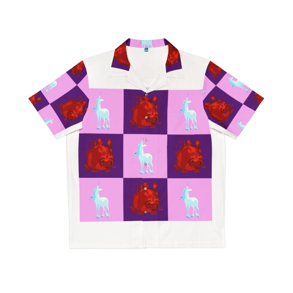 Colorblock Hawaiian shirt with unicorn and fantasy motifs