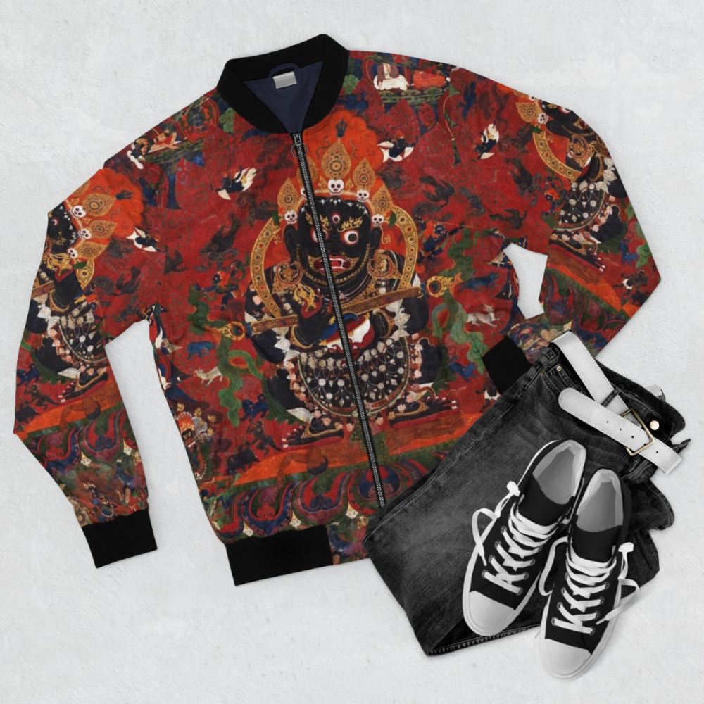 Mahakala, the Protector of the Tent, featured in a traditional Tibetan Buddhist artwork design on a bomber jacket. - Flat lay