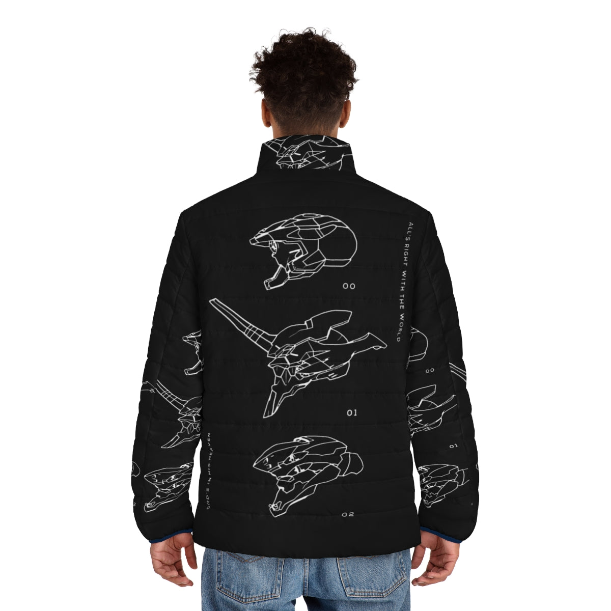 Evangelion Puffer Jacket featuring the iconic Eva Units - men back