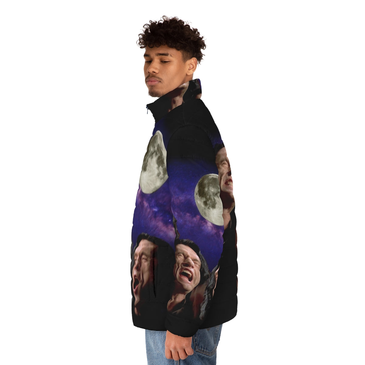 Three Wiseau Moon Puffer Jacket featuring Tommy Wiseau and the iconic Three Wolf Moon design - men side left