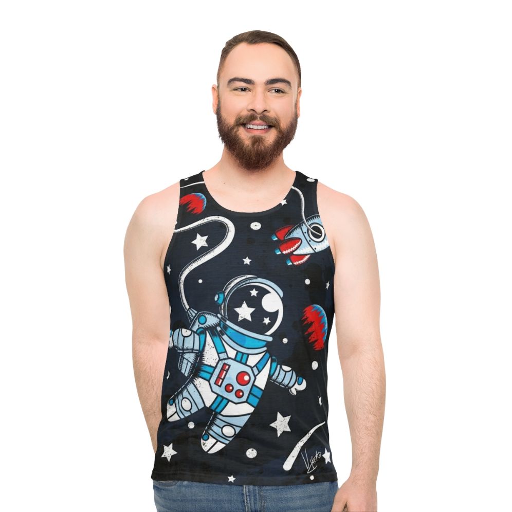 Space-themed unisex tank top with rocket ship and cosmic imagery - men