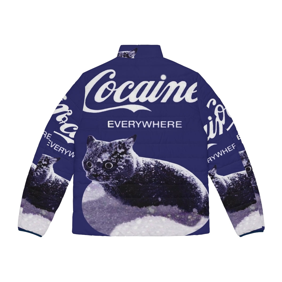 Cocaine Cat Puffer Jacket, featuring a cat design with a winter puffer jacket - Back