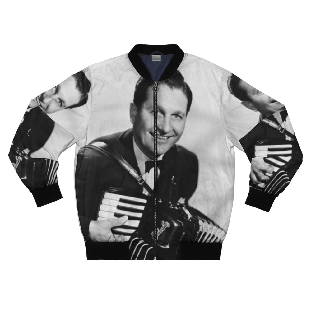 Vintage black and white photograph of Lawrence Welk smiling while holding an accordion, printed on a bomber jacket