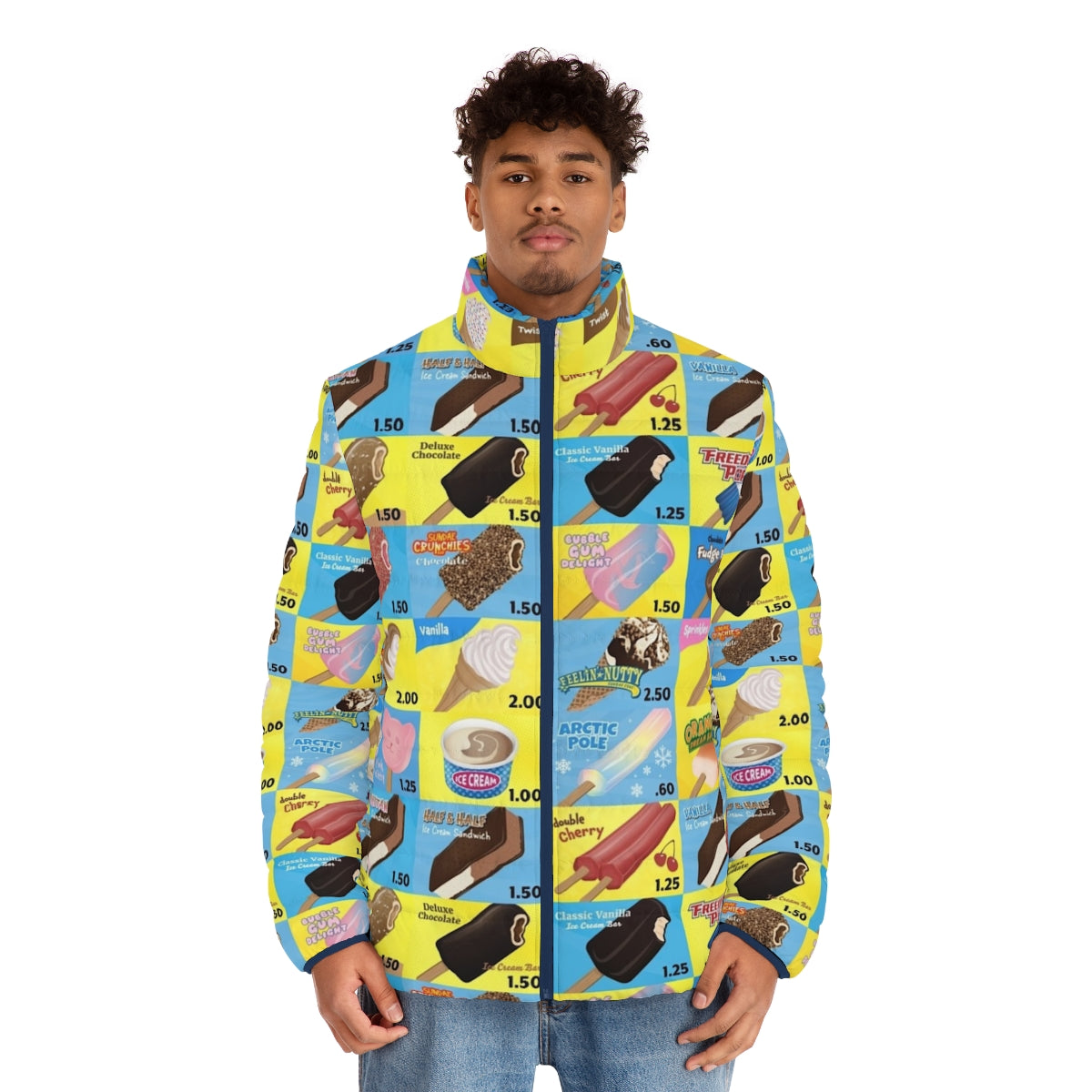 Puffer jacket featuring a vintage ice cream truck menu design with cones, sandwiches, and sprinkles - men front