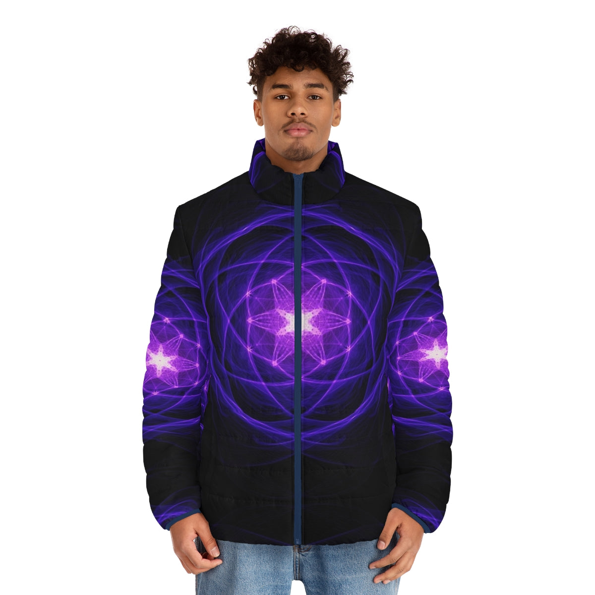 Energetic geometry indigo puffer jacket with sacred geometry elements - men front