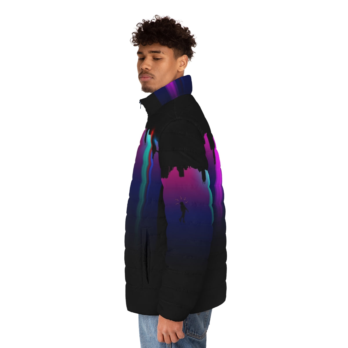 Marvel Spider-Verse inspired "Never Sleeps" puffer jacket with superpower and superhero graphics - men side left