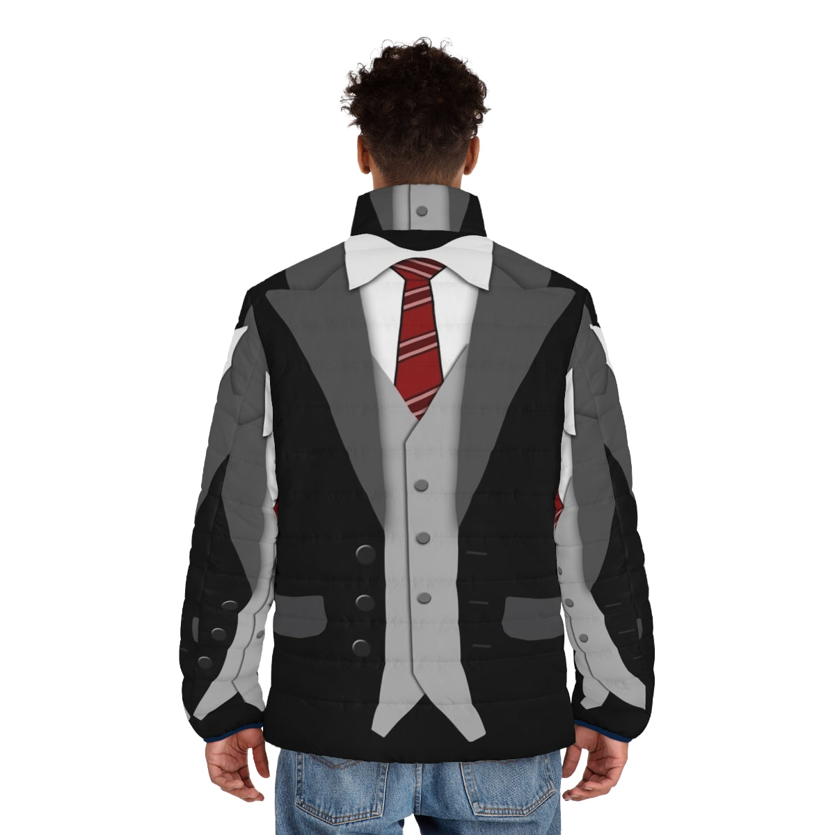 Black suit with red tie and puffer jacket for formal and casual wear - men back